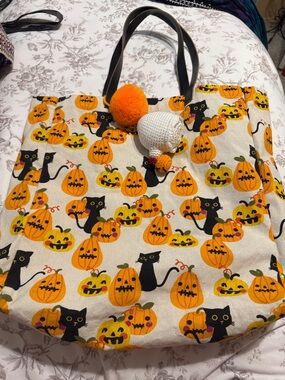 Halloween Pumpkin & Black Cat Tote Bag with Pom Charm
